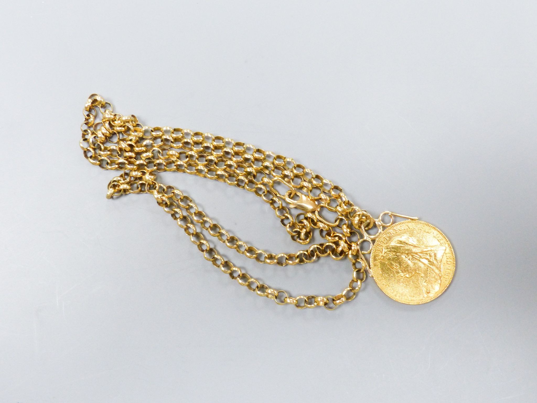 A 1901 gold sovereign on 9ct gold belcher link chain, 60cm, gross weight 19.6 grams.